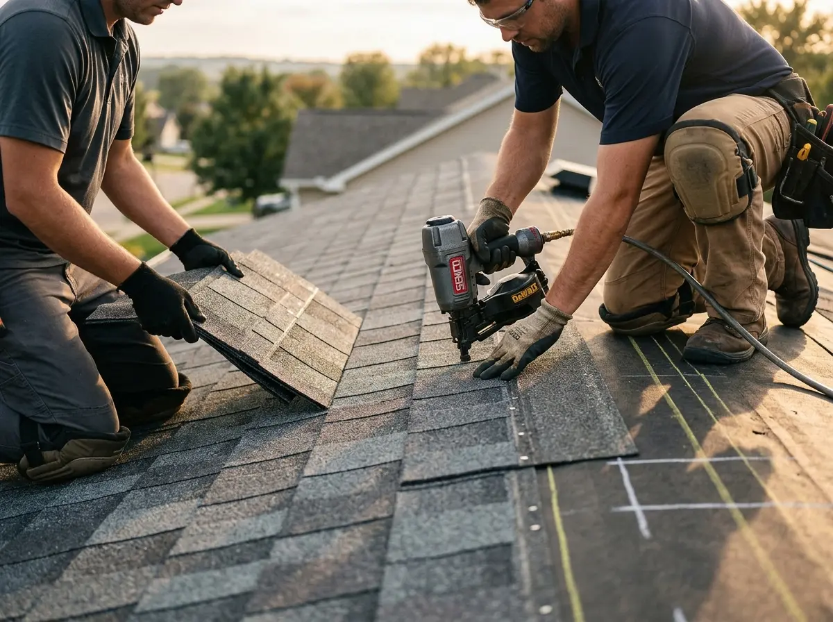 Professional roofer working on a residential roof in Oceanside